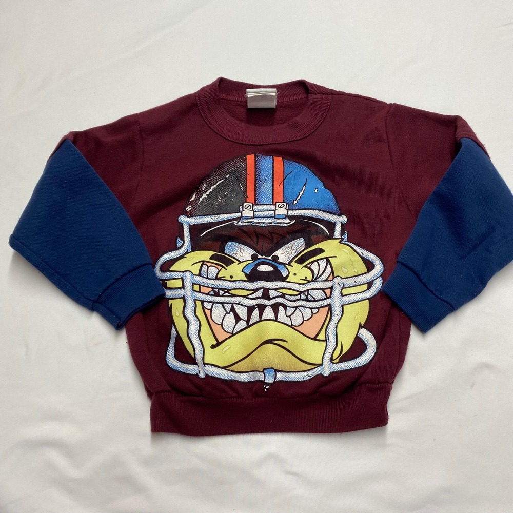 Vintage 1997 Looney Tunes Taz Football Sweatshirt Maroon Blue Kids 4